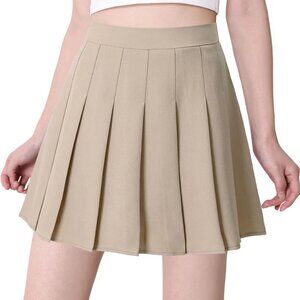 Short Pleated Skirt M Khaki High Waisted Preppy Skirt